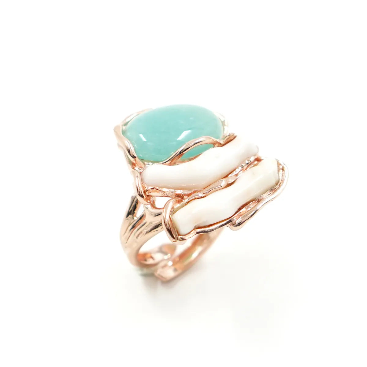 Anello in Arg. 925 con Corallo Bianco e Amazzonite
