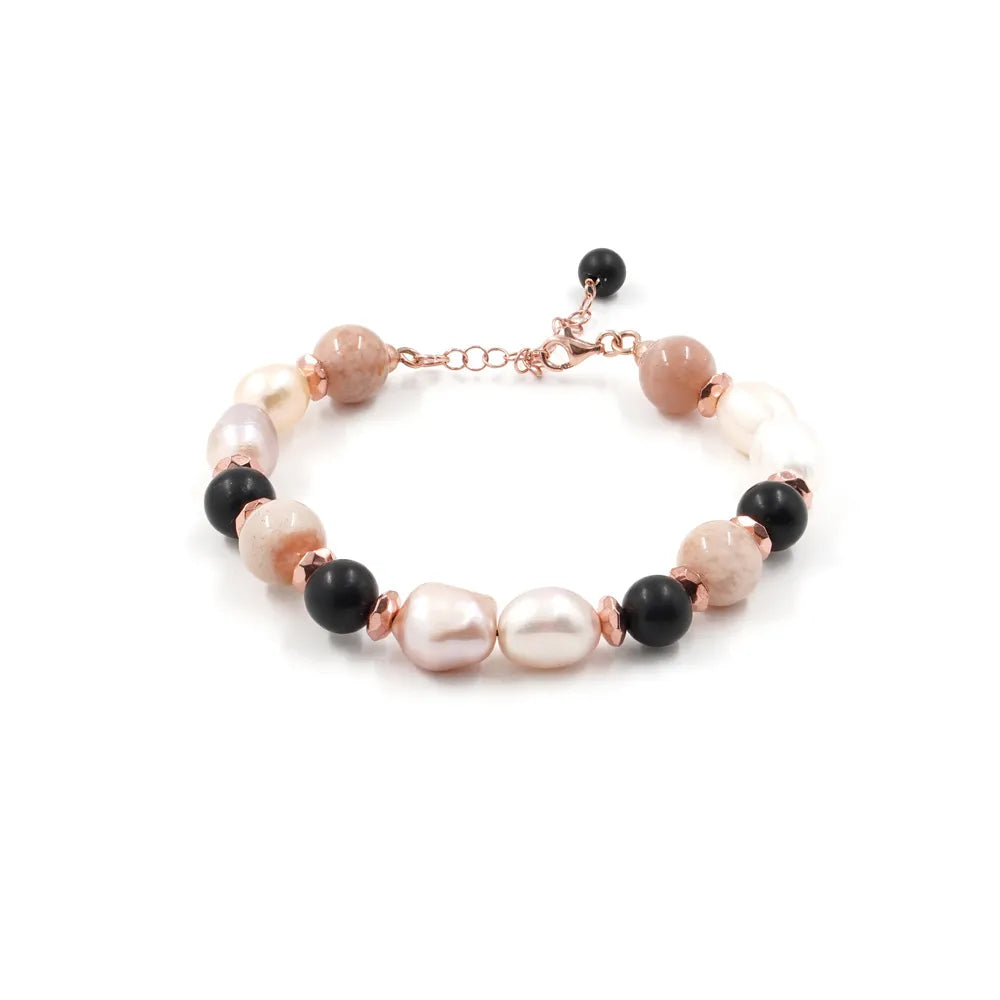 Bracciale in Arg.925 rosato con Pietra del Sole, Agata nera, Ematite e Perle