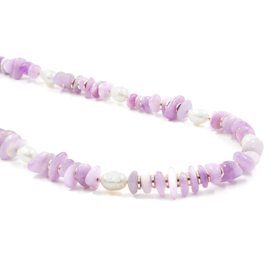 Collana in argento rosè con Kunzite, Perle e Ematite