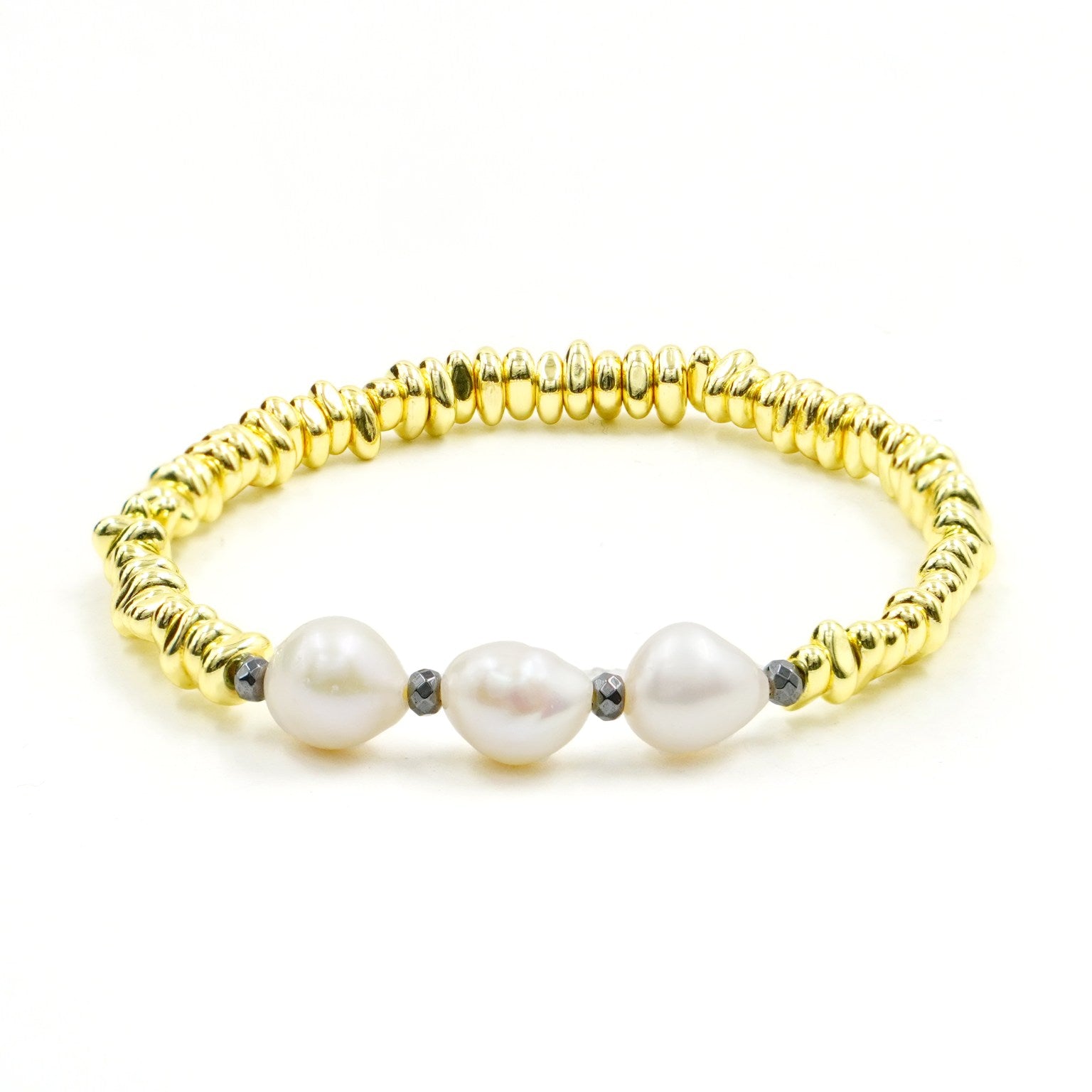 Bracciale Elastico con Ematite chips gold e Perle