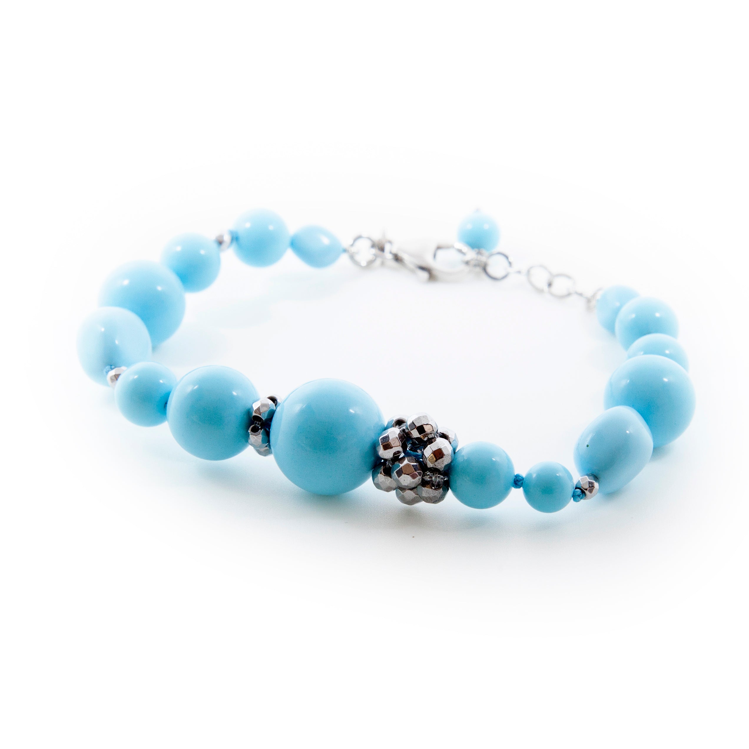 Bracciale con sfere in Pasta di Turchese, Ematite e Argento 925