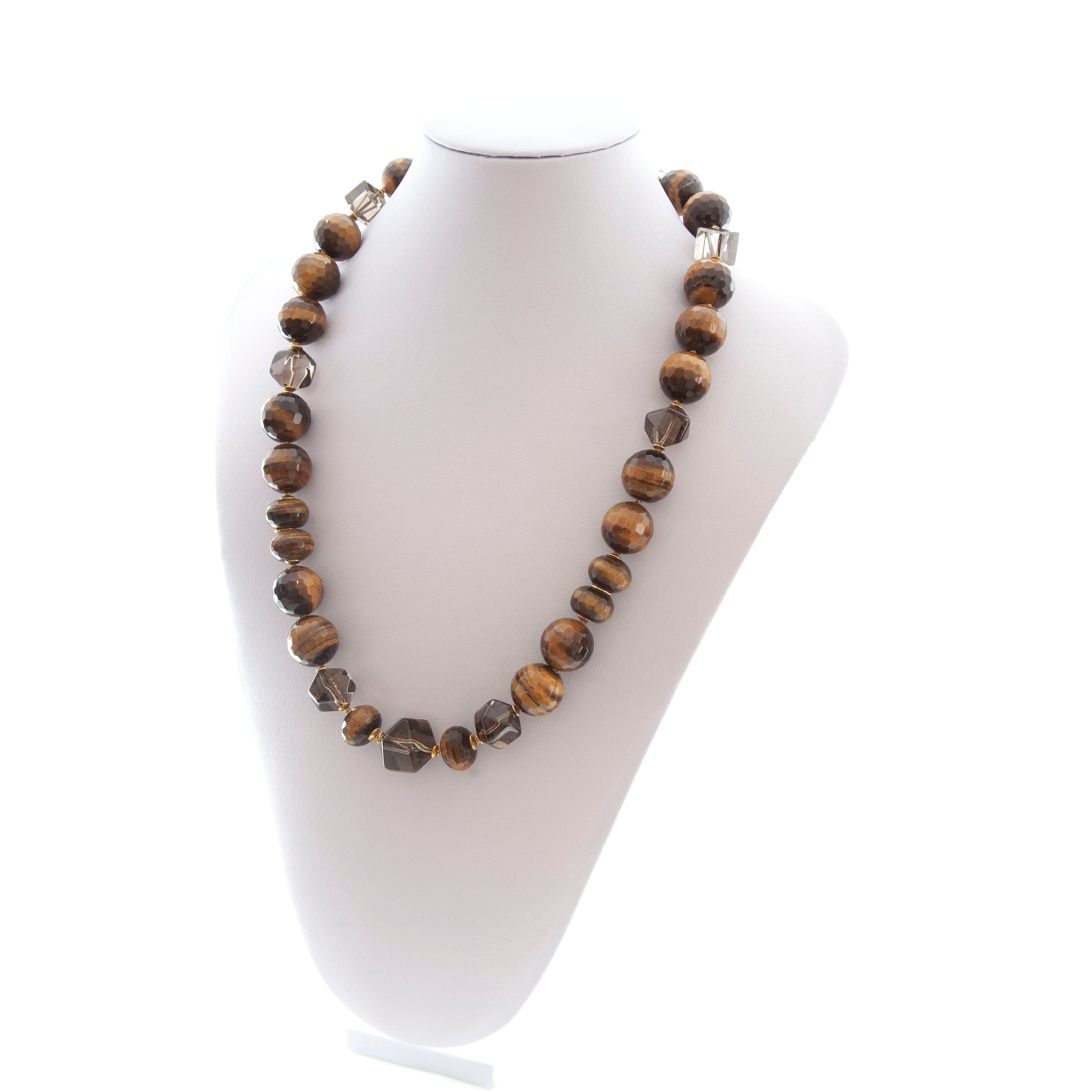 Collana in Occhio di Tigre, Quarzo Fumè e Argento 925 Placcato Oro
