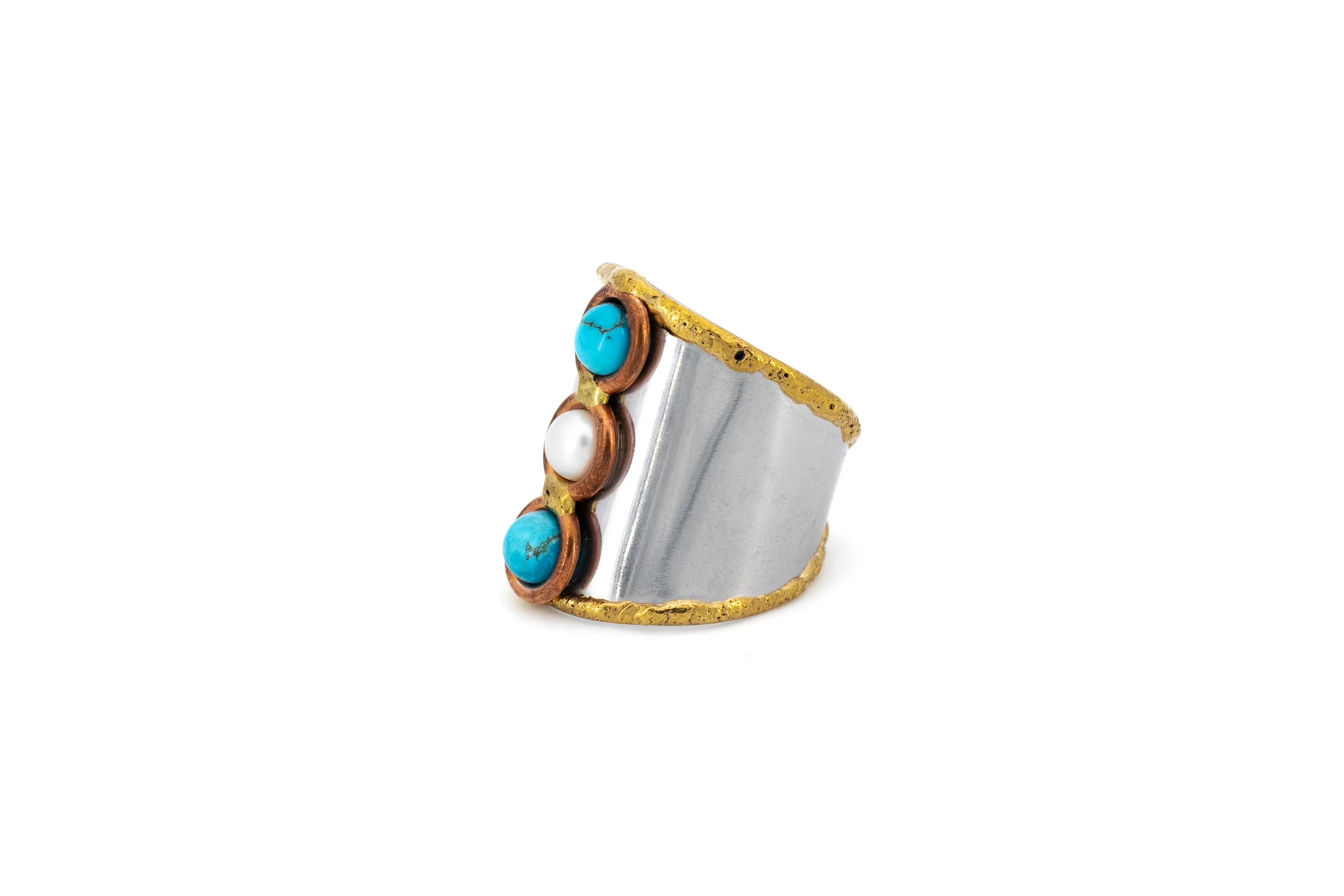 Anello regolabile in ottone e acciaio con Turchese e Perla