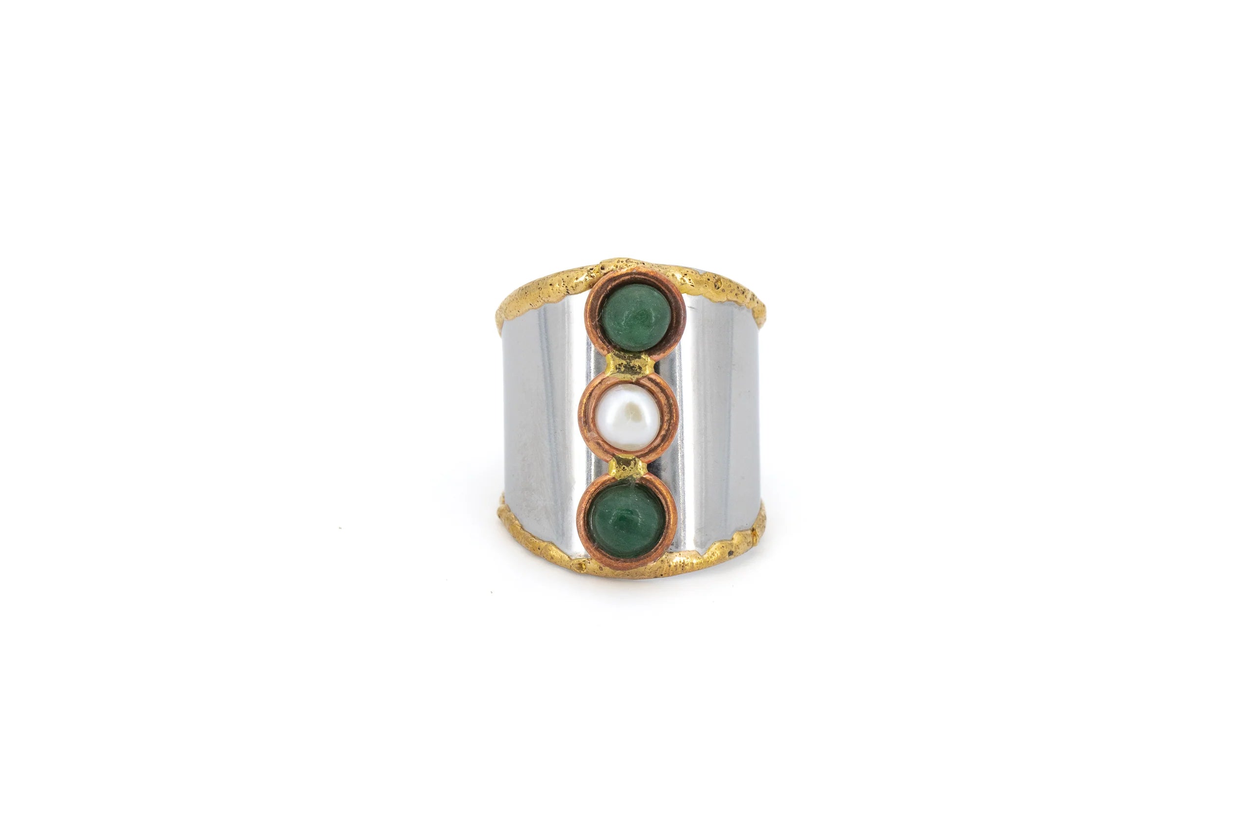 Anello regolabile in ottone e acciaio con Smeraldo e Perla