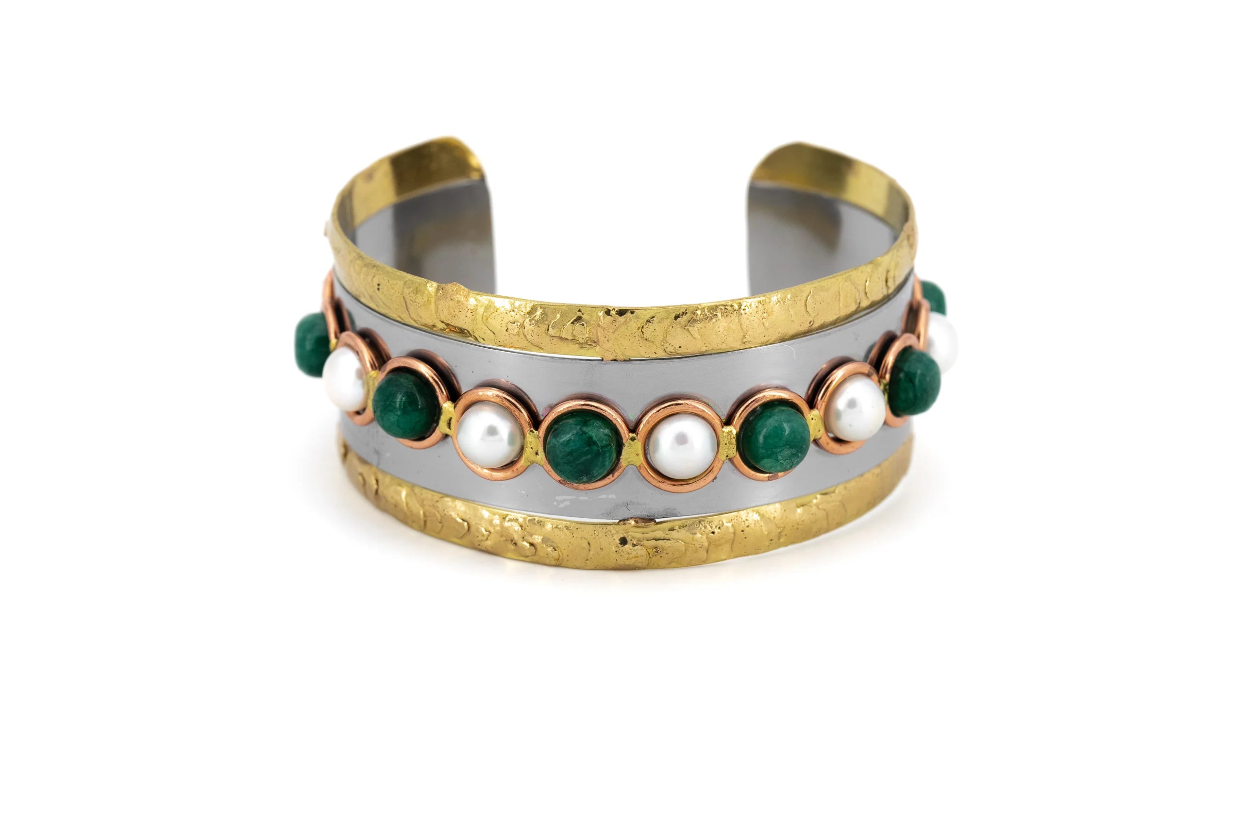 Bracciale regolabile in ottone e acciaio con Smeraldo e Perla
