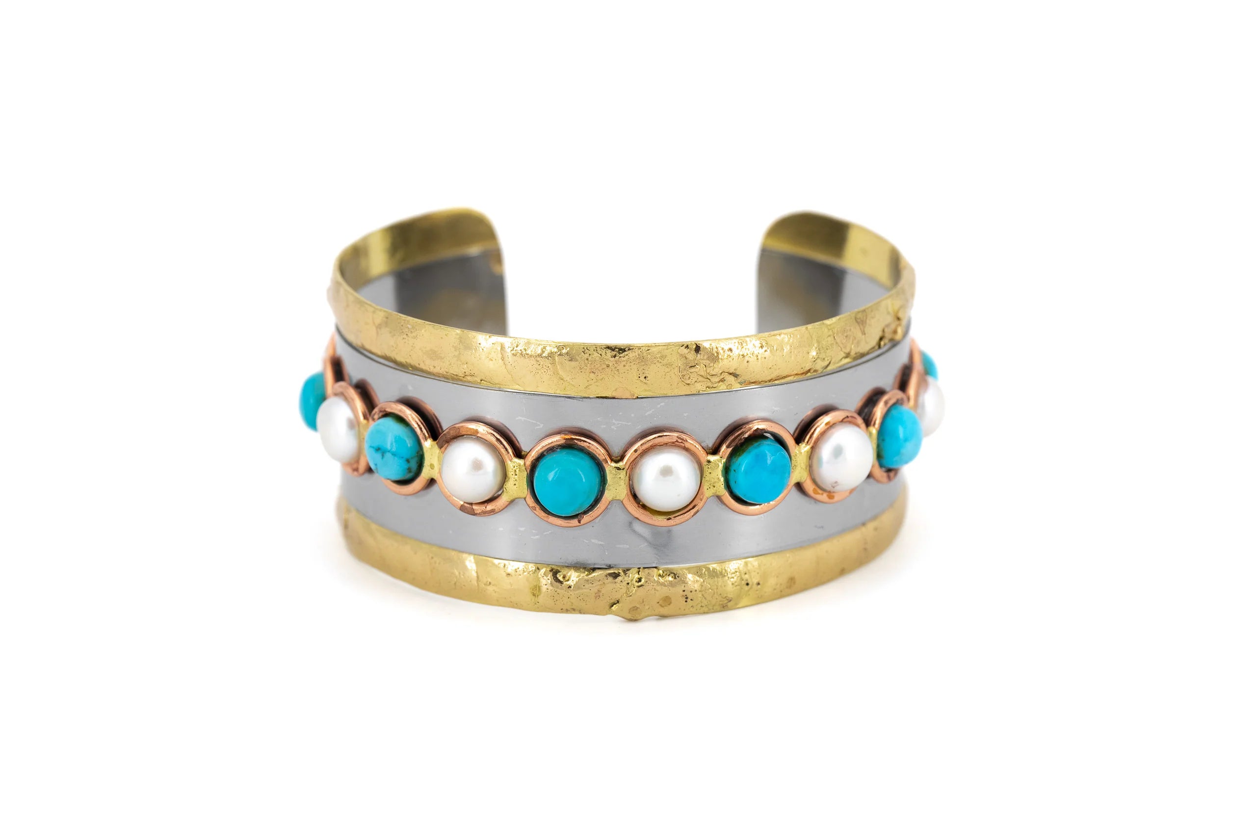 Bracciale regolabile in ottone e acciaio con Turchese e Perla