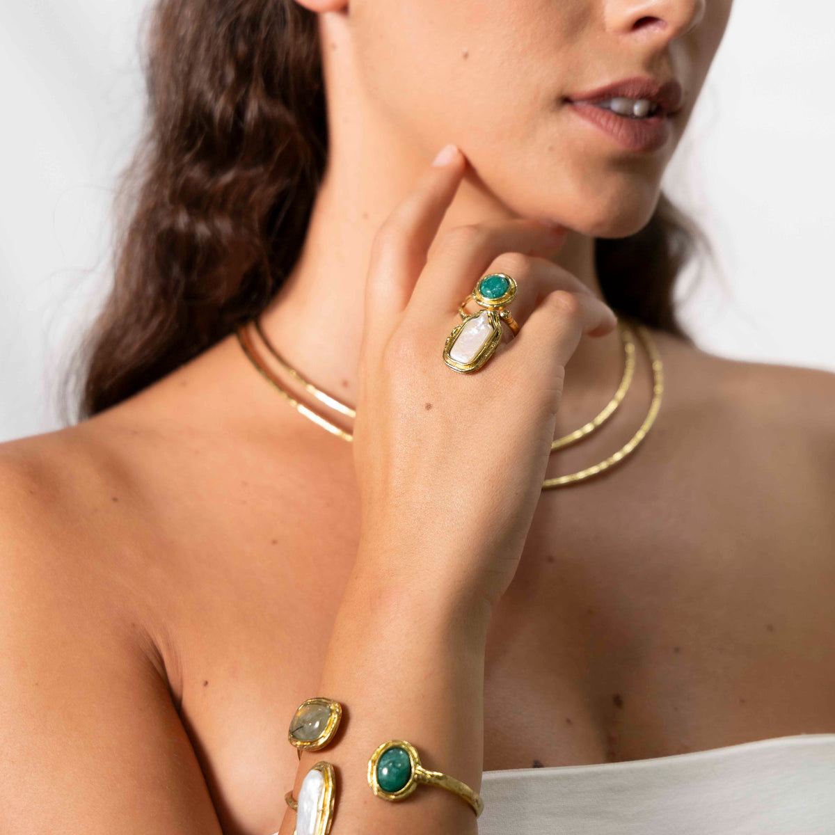 Anello ottone fascia doppia pietra Madreperla,Smeraldo