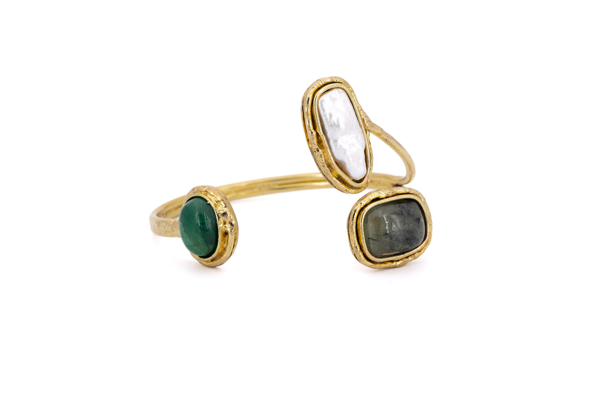 Bracciale ottone tre pietre Prehinite,Smeraldo,Madreperla