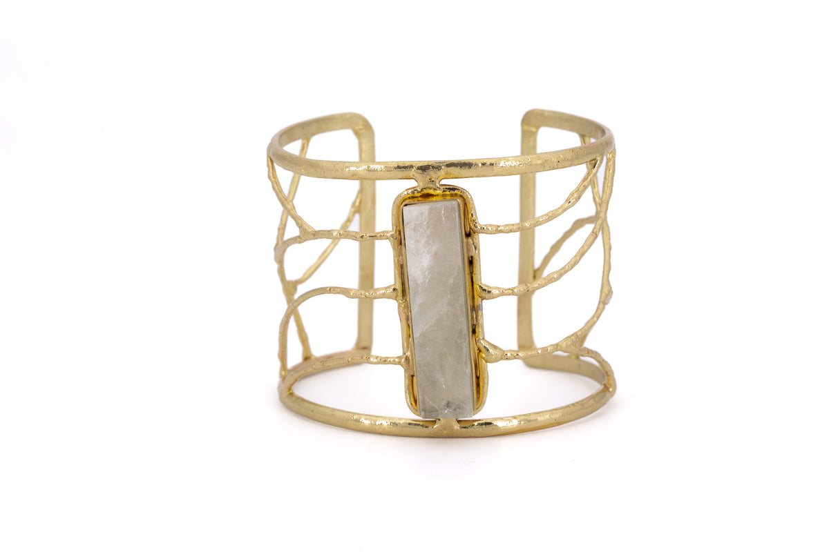 Bracciale ottone fascia pietra rettangolare Prasiolite (Ametista Verde)