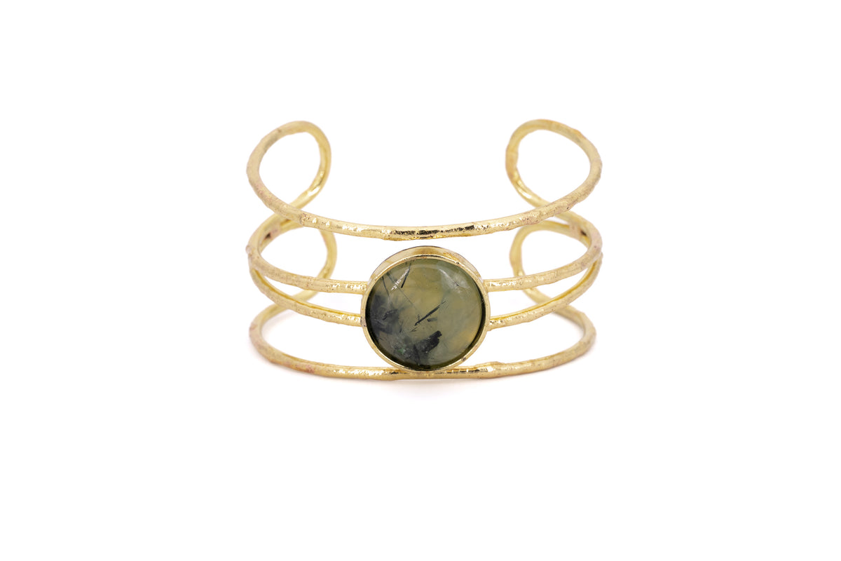 Bracciale ottone fascia pietra centrale tonda Prehnite