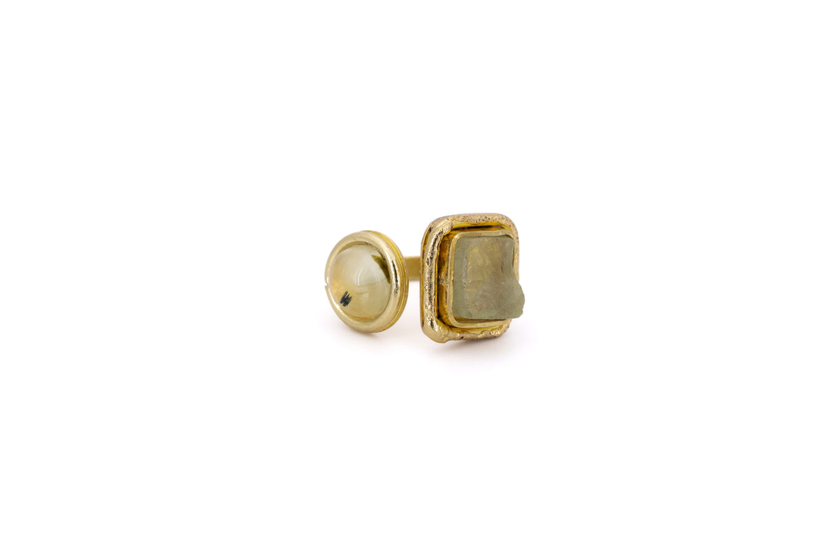 Anello ottone due pietre tondino + quadretto Prehnite