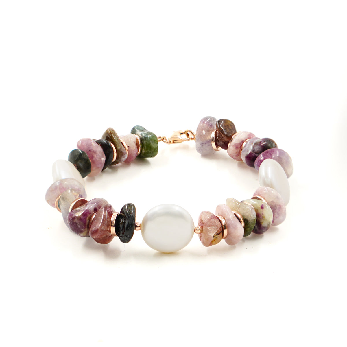 Bracciale in Arg.925 rosè con Tormalina multicolor e perle