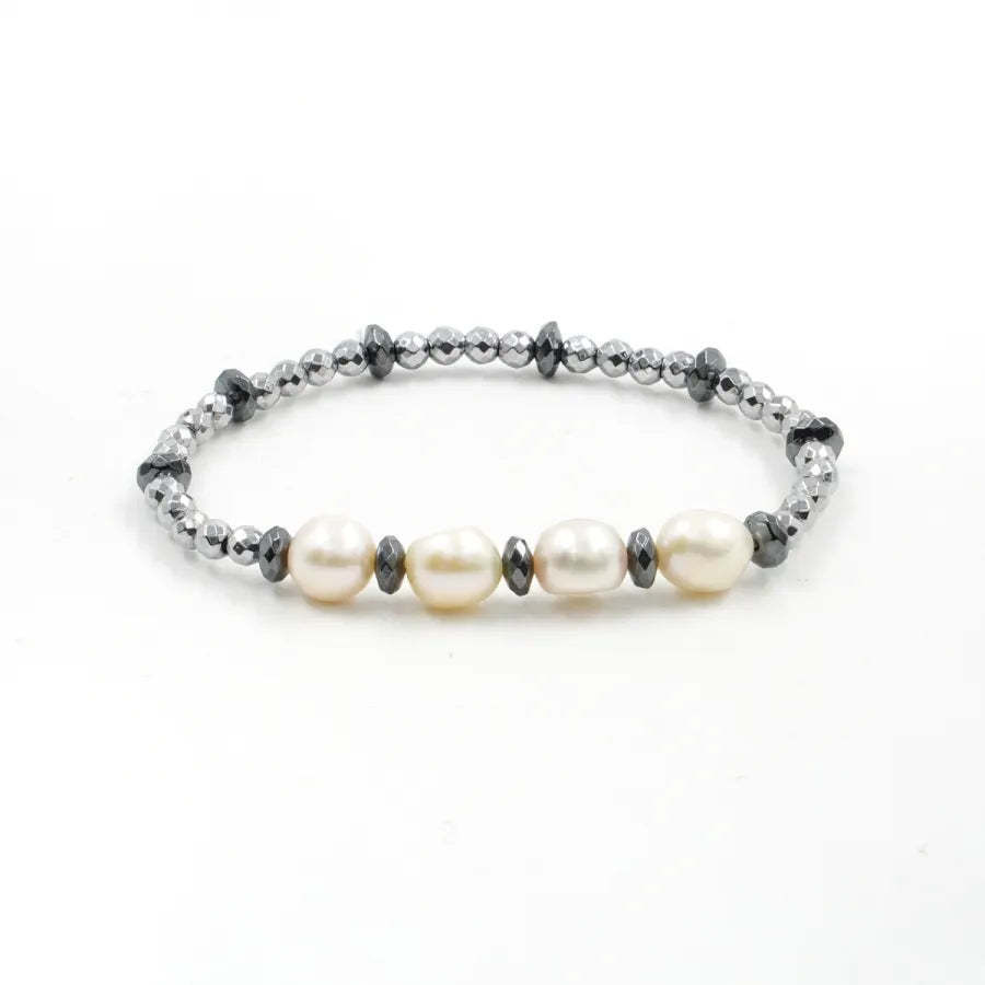 Bracciale Elastico con perla, ematite silver e nera