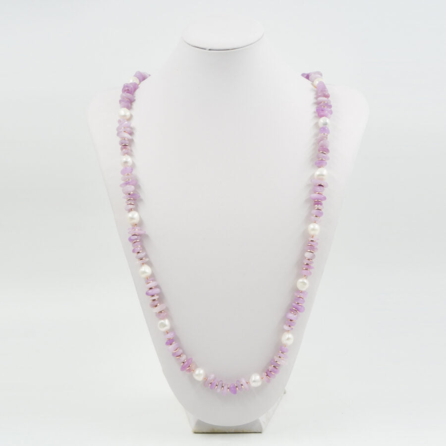 Collana in argento rosè con Kunzite, Perle e Ematite