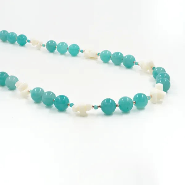 Collana in Arg.925 rosè con Amazzonite, Corallo bianco e Ematite