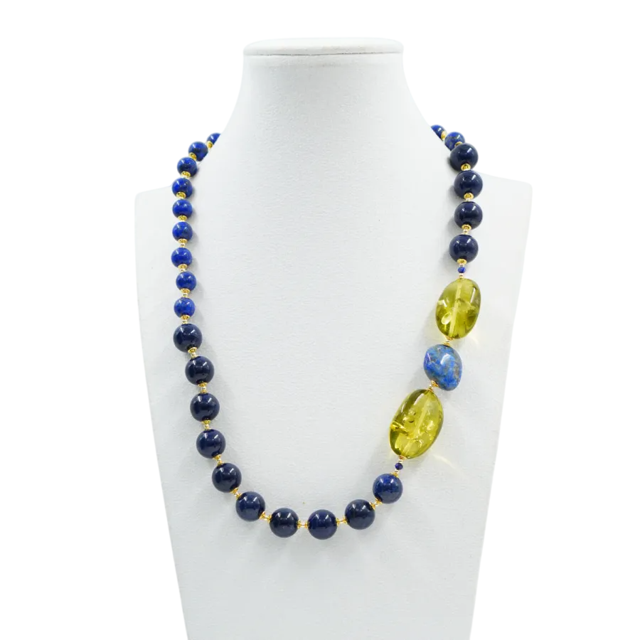 Collana con Lapis, Ambra Verde Colombiana e Ematite in Arg.925 dorato