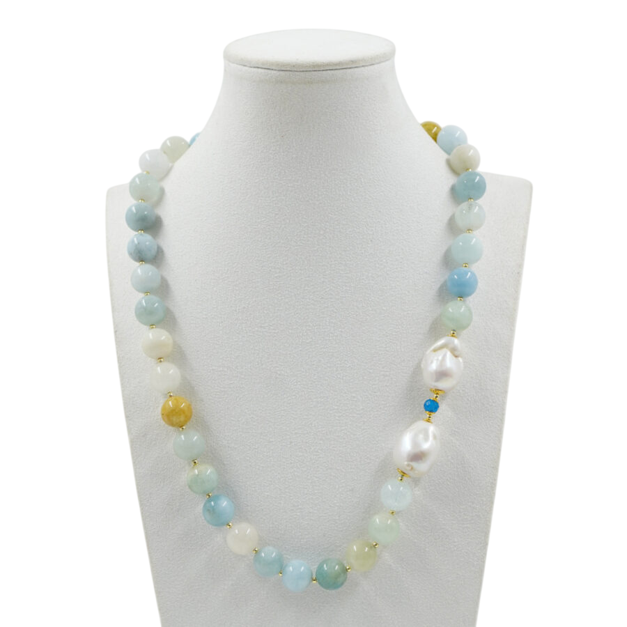 Collana in Arg.925 dorato con Acquamarina, Perla barocca e Ematite