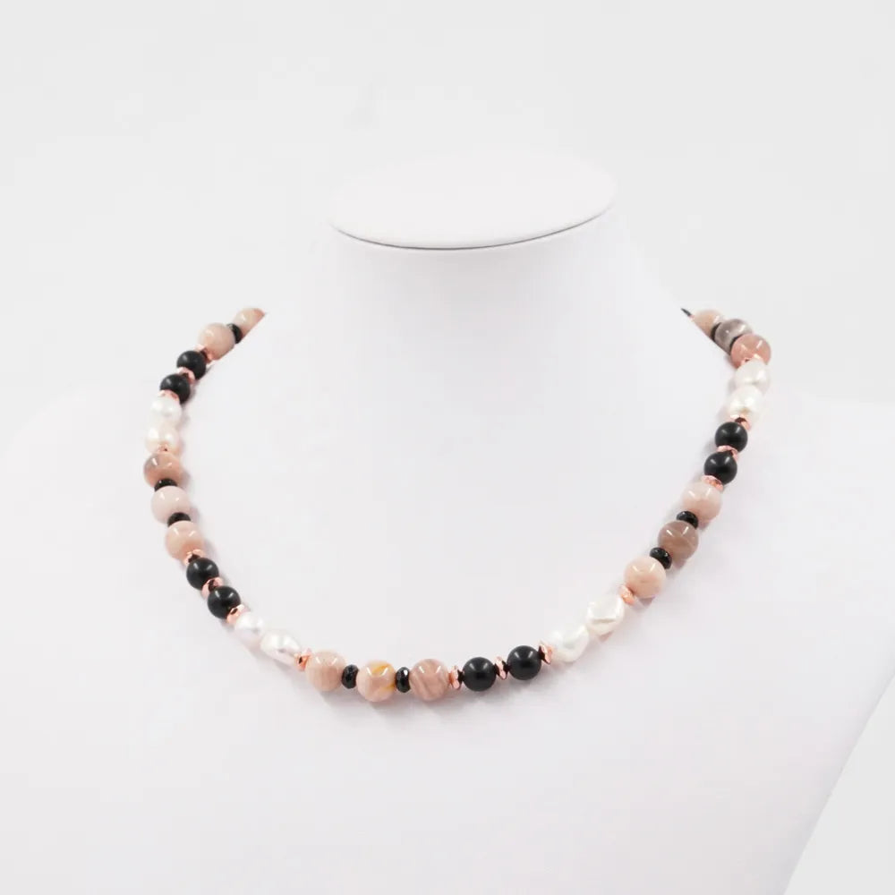 Collana in Arg.925 Rosato con Pietra del Sole, Agata nera, Ematite e Perle