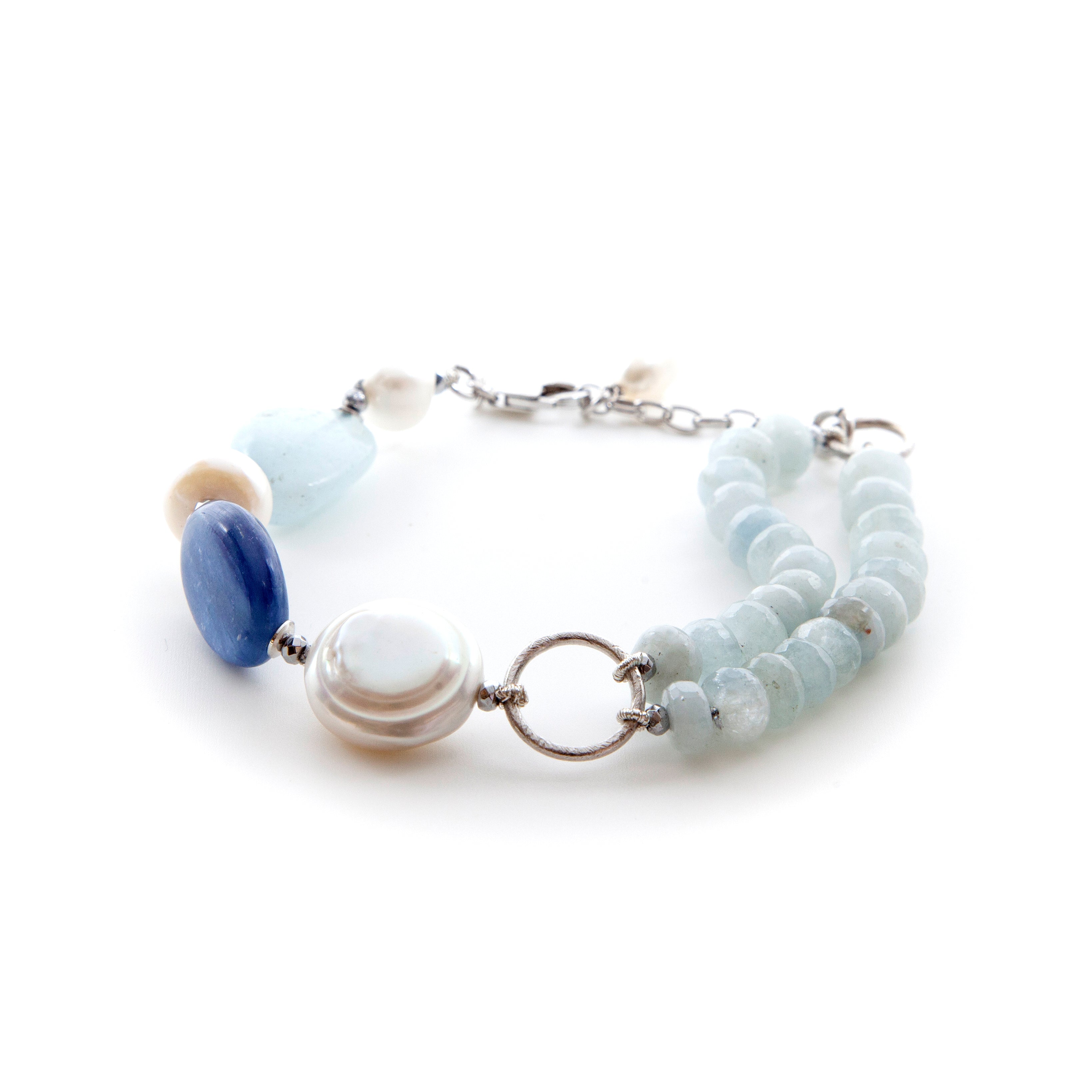 Bracciale di Acquamarina, Cianite, Perle Coltivate d'Acqua Dolce e Argento 925