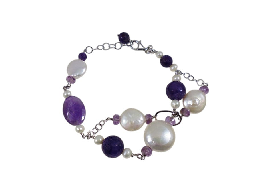 Bracciale in Ametista, Perle Coltivate d'acqua dolce e Argento 925