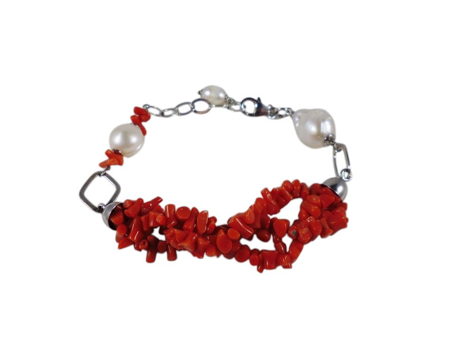 Bracciale in Corallo Mediterraneo, Perle Barocche e Argento 925