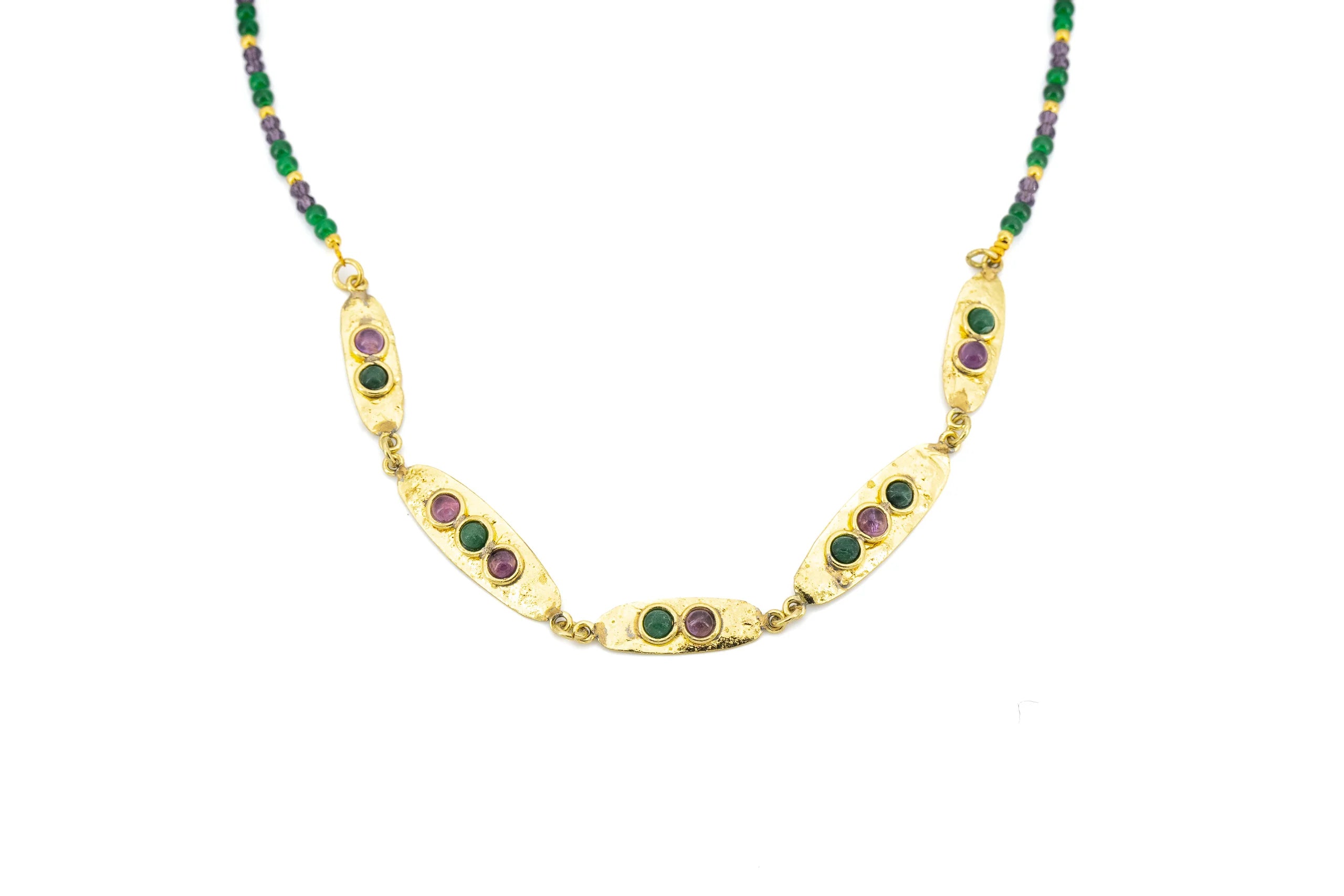 Collana Girocollo in Ottone con ovalini smeraldo e ametista