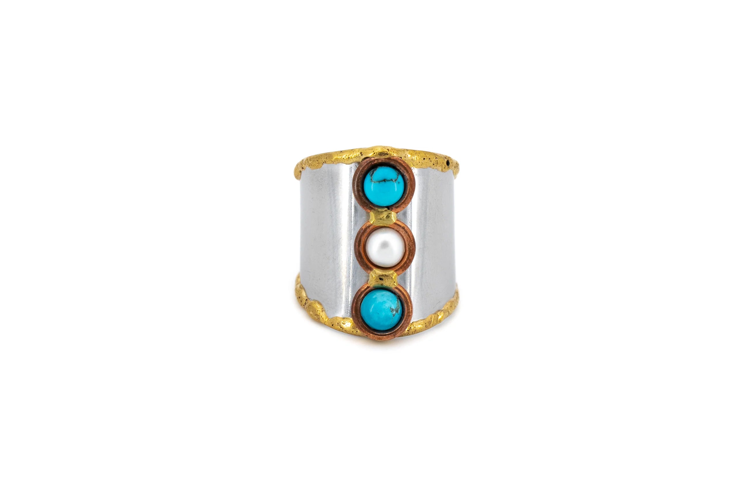 Anello regolabile in ottone e acciaio con Turchese e Perla