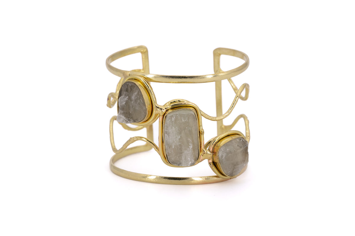 Bracciale ottone fascia scaletta tre pietre Prasiolite (Ametista Verde)
