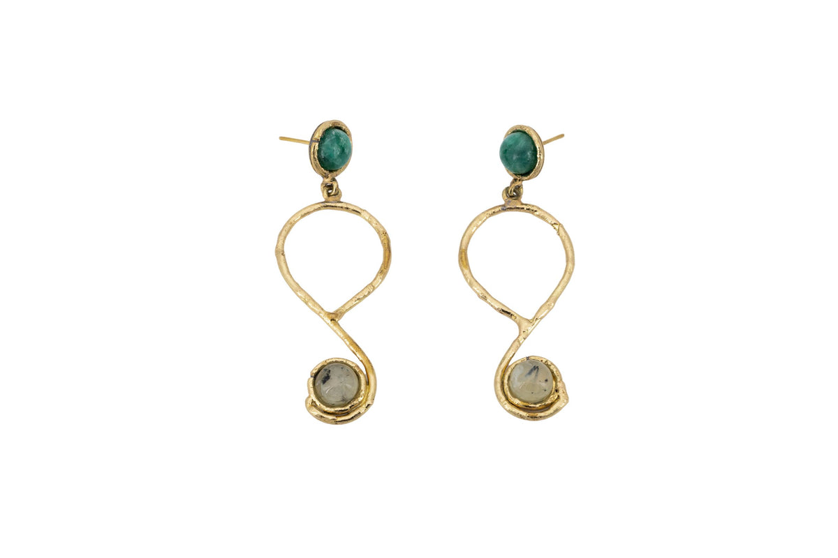 Orecchini ottone infinito due pietre Smeraldo e Prehnite