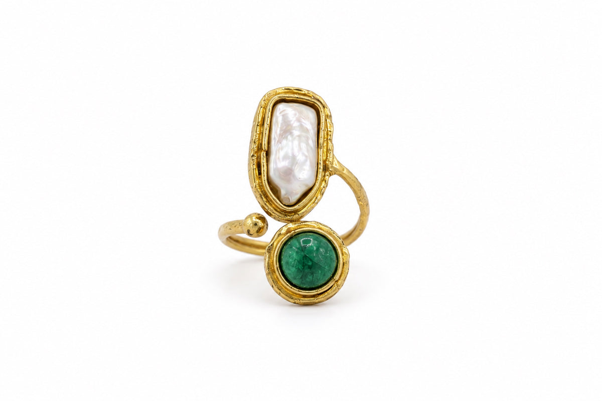 Anello ottone fascia doppia pietra Madreperla,Smeraldo