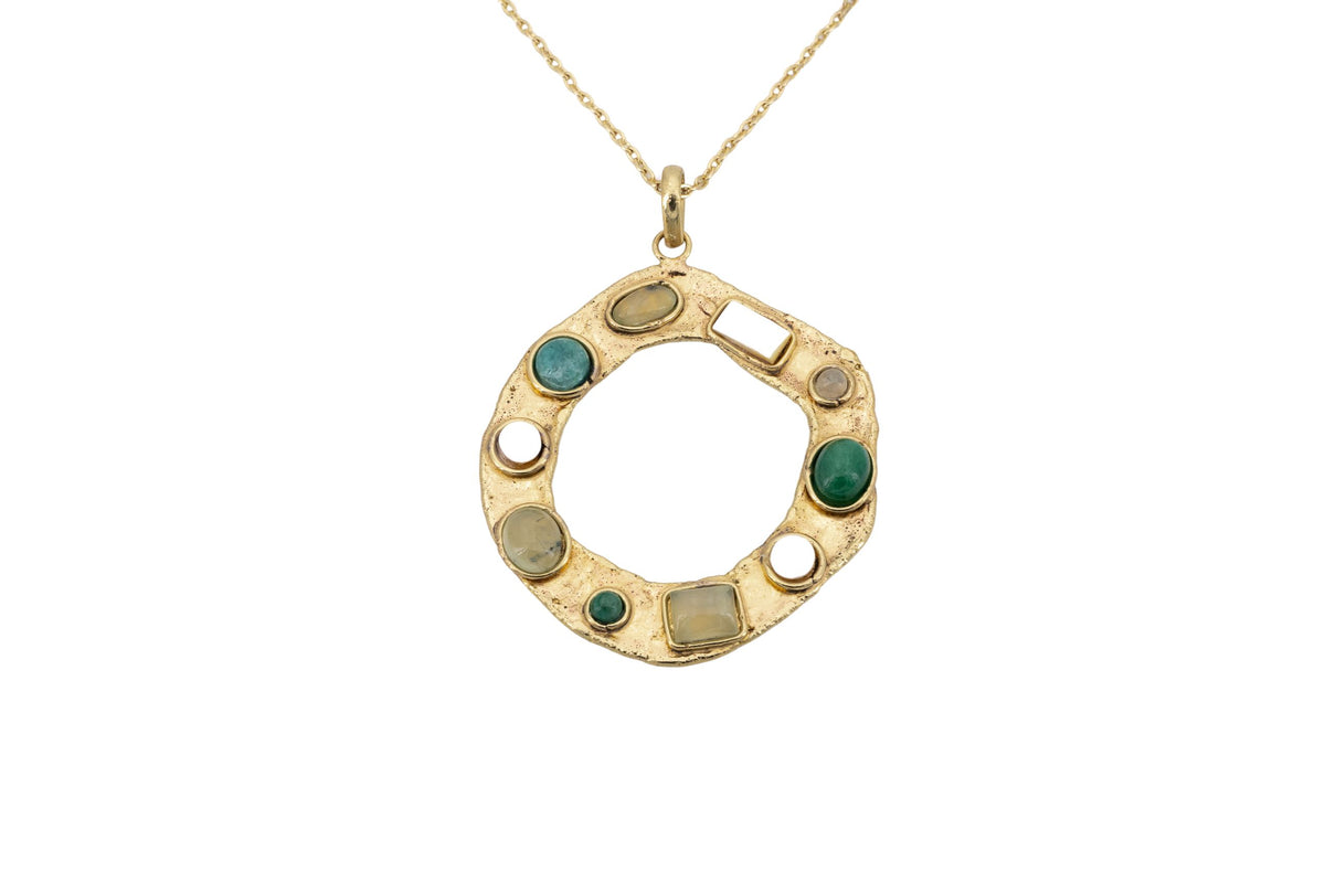 Collana lunga ottone cerchio Prehinite,Smeraldo,Ametista V.