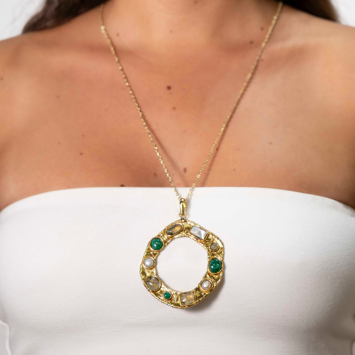 Collana lunga ottone cerchio Prehinite,Smeraldo,Ametista V.