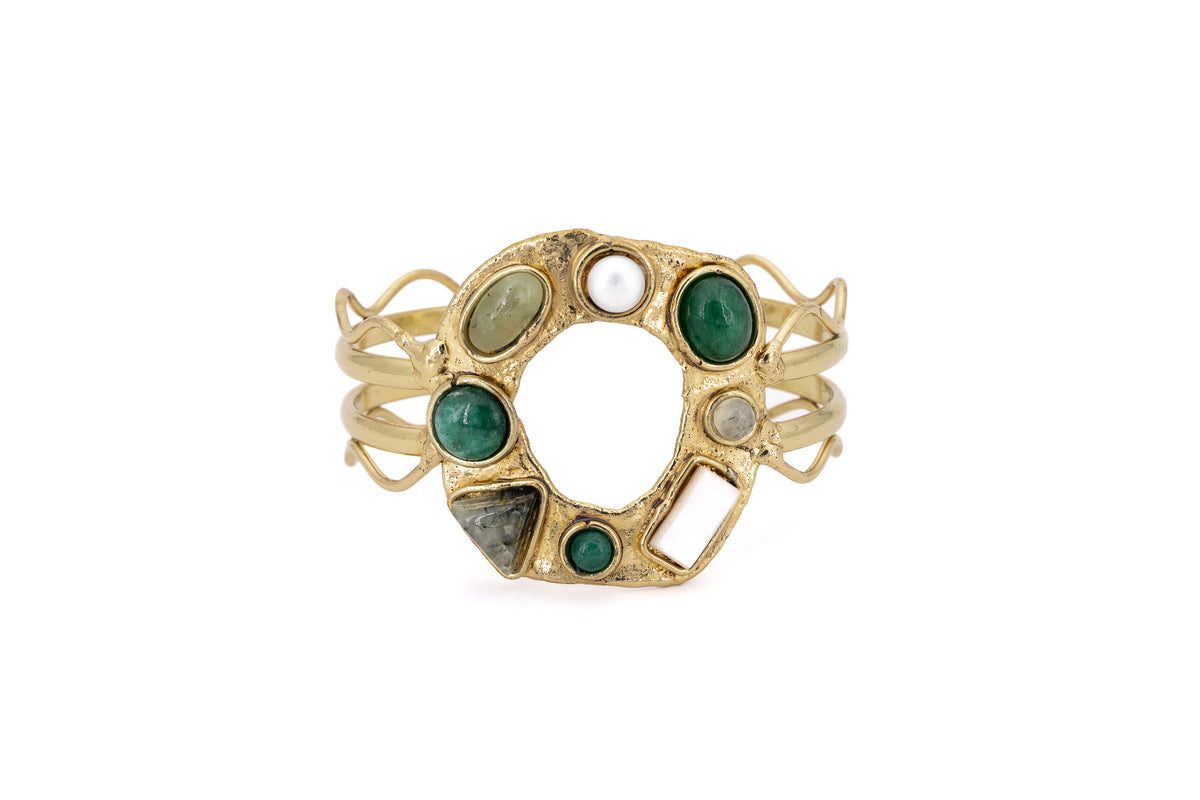 Bracciale ottone cerchio pietre Prehnite, Smeraldo, Prasiolite (Ametista Verde)