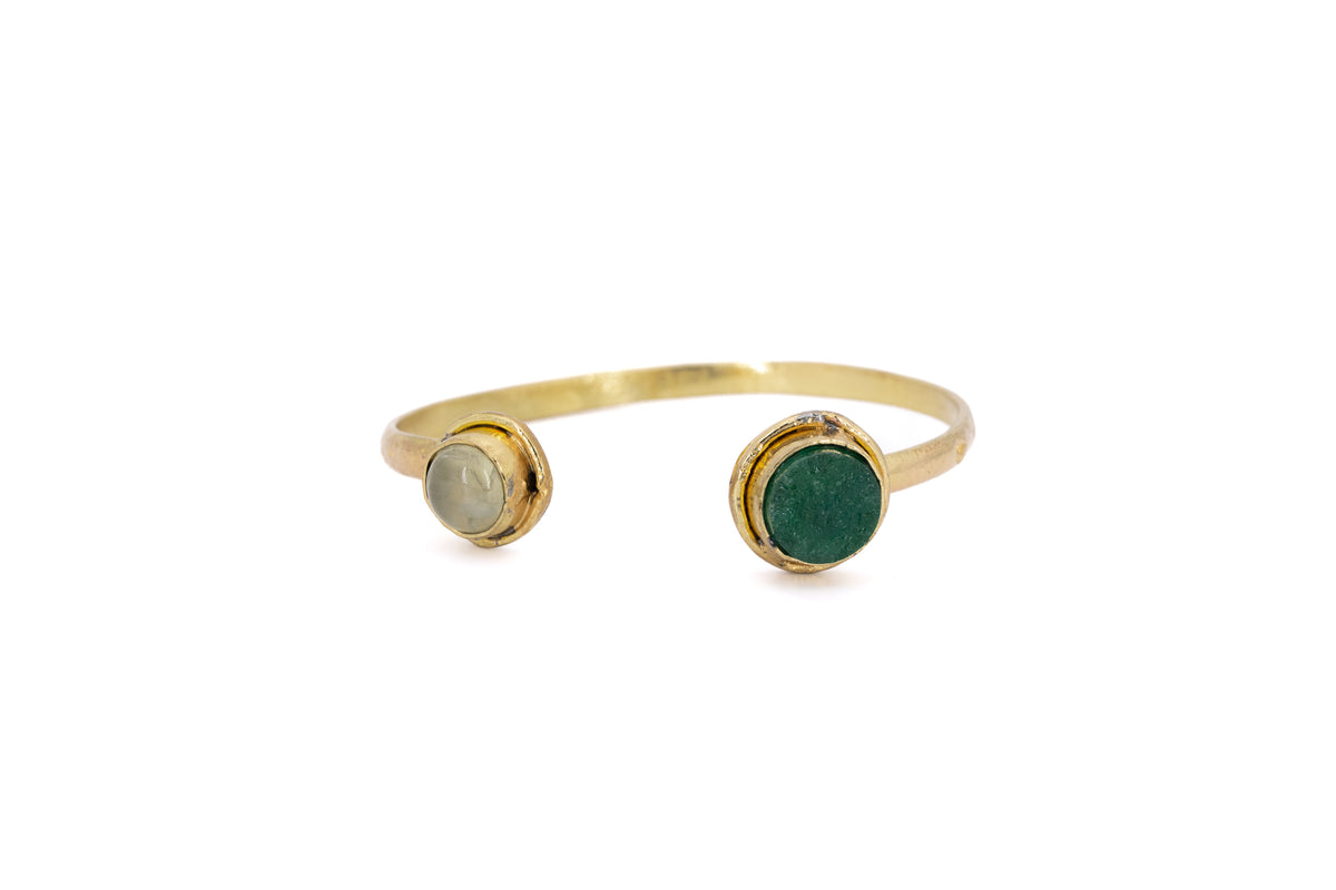 Bracciale ottone due pietre tonde Smeraldo,Ametista Verde