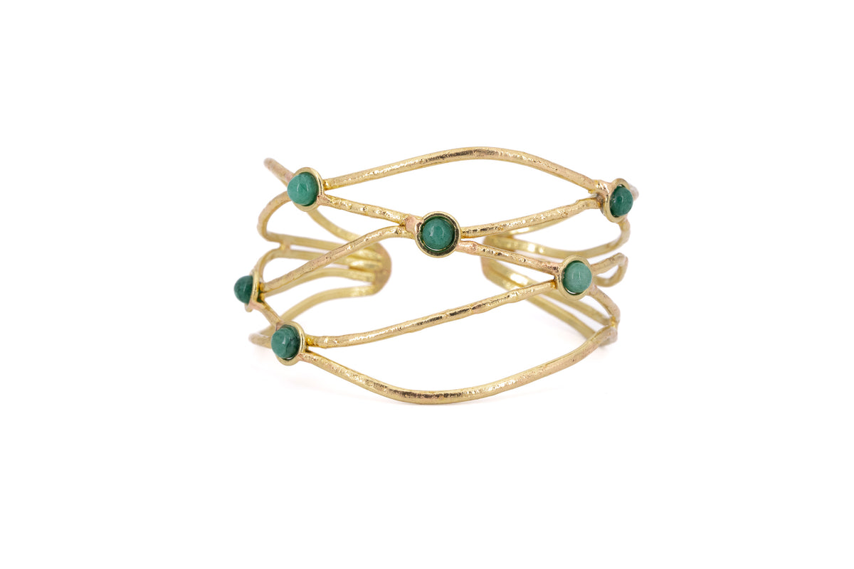 Bracciale ottone fili aperti sei pietre Smeraldo